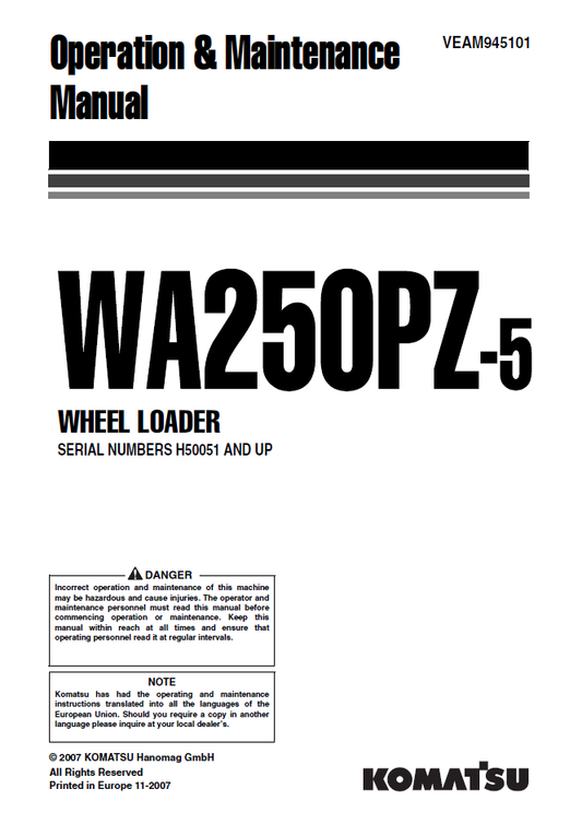 Manual de Operación y Mantenimiento Cargador Komatsu WA250PZ-5 - H50051