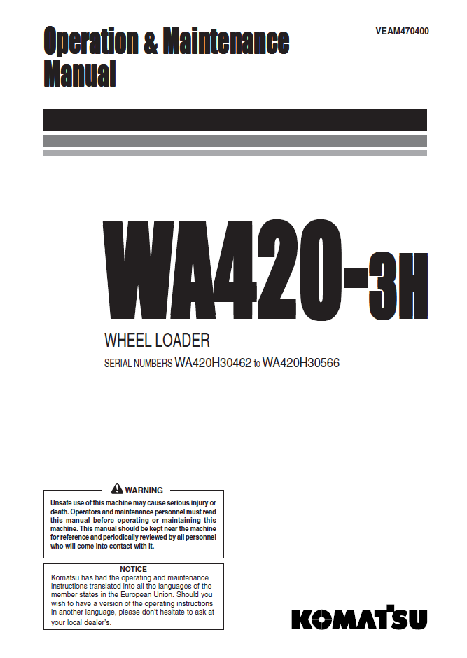 Manual de Operación y Mantenimiento Cargador Komatsu WA420-3H - WA420H30460 a WA420H30566