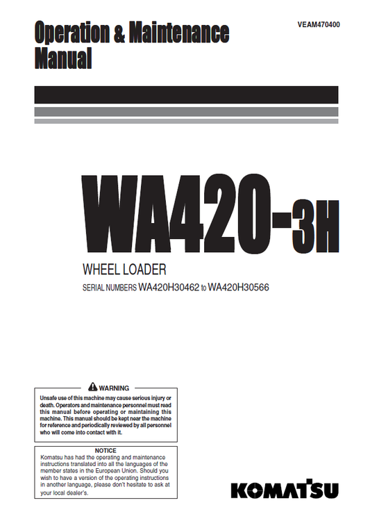 Manual de Operación y Mantenimiento Cargador Komatsu WA420-3H - WA420H30460 a WA420H30566