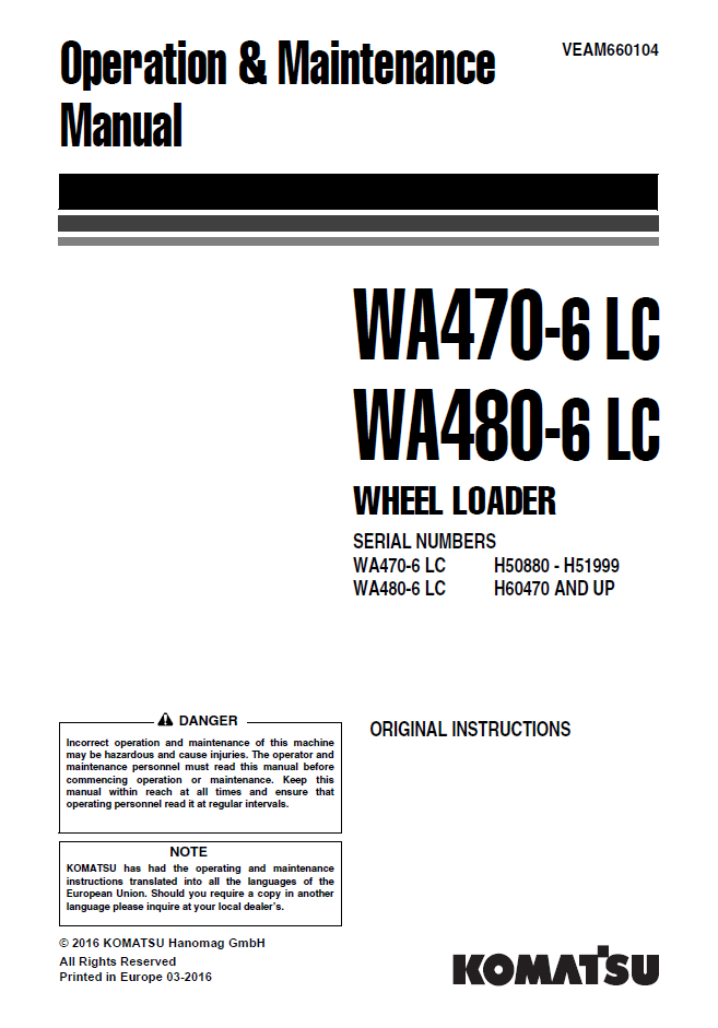 Manual de Operación y Mantenimiento Cargador Komatsu WA470-6 LC - H50880, WA480-6 LC - H60470