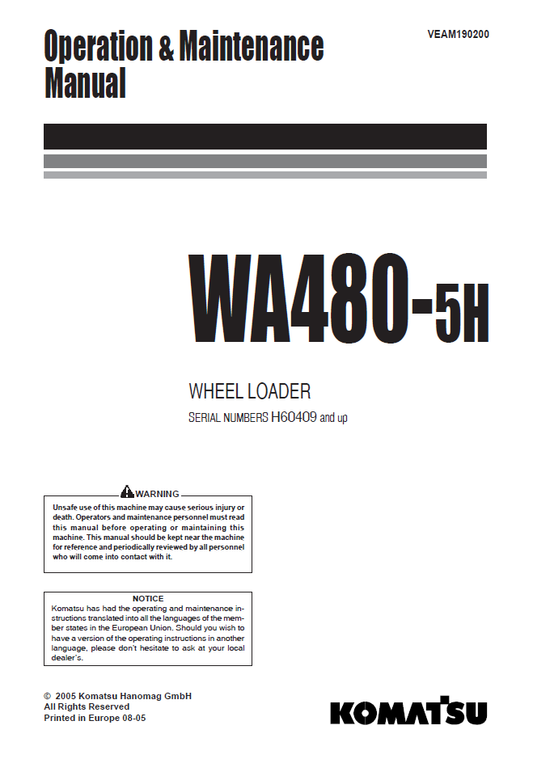 Manual de Operación y Mantenimiento Cargador Komatsu WA480-5H - H60409