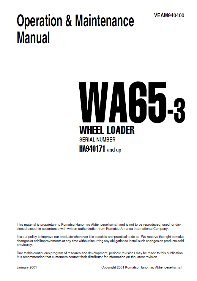Manual de Operación y Mantenimiento Cargador Komatsu WA65-3 - HA940171