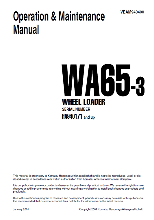 Manual de Operación y Mantenimiento Cargador Komatsu WA65-3 - HA940171