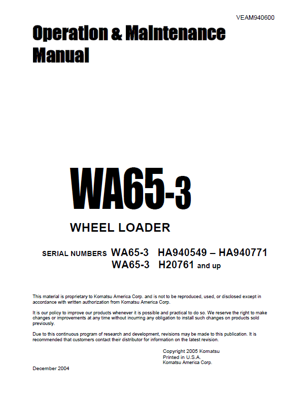 Manual de Operación y Mantenimiento Cargador Komatsu WA65-3 - HA940549 - HA940771, WA65-3 - H20761