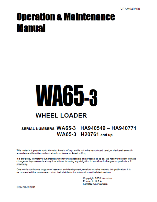 Manual de Operación y Mantenimiento Cargador Komatsu WA65-3 - HA940549 - HA940771, WA65-3 - H20761
