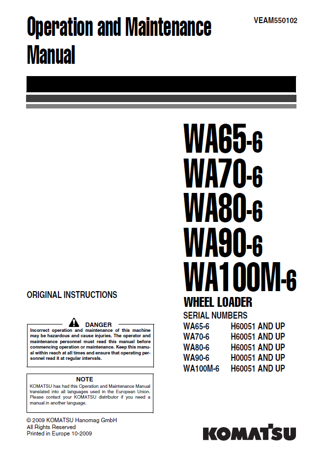 Manual de Operación y Mantenimiento Cargador Komatsu WA65-6 - H60051, WA70-6 -H60051, WA80-6 - H60051, WA90-6 - H00051, WA100M-6 - H60051