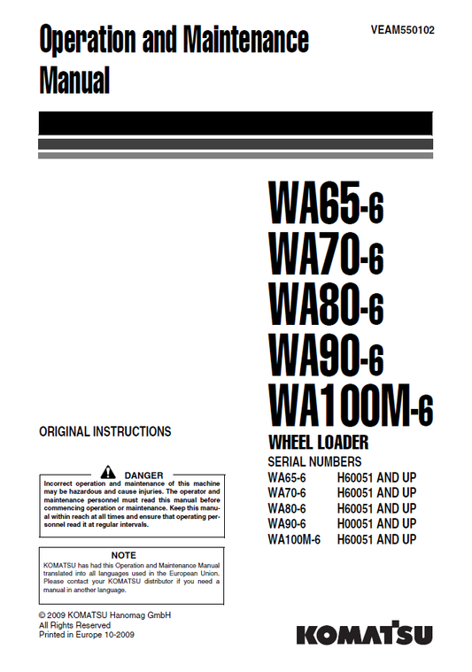 Manual de Operación y Mantenimiento Cargador Komatsu WA65-6 - H60051, WA70-6 -H60051, WA80-6 - H60051, WA90-6 - H00051, WA100M-6 - H60051
