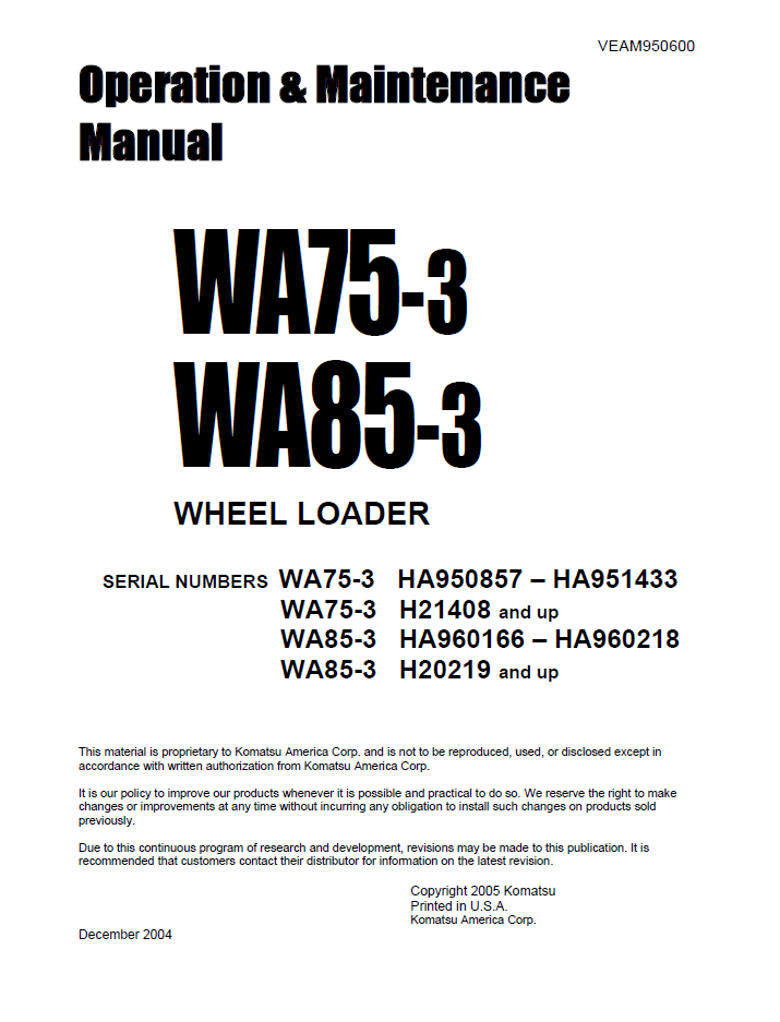 Manual de Operación y Mantenimiento Cargador Komatsu WA75-3 - HA950857 - HA951433 - H21408, WA85-3 - HA960166 - HA960218 - H20219
