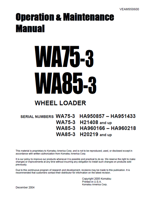 Manual de Operación y Mantenimiento Cargador Komatsu WA75-3 - HA950857 - HA951433 - H21408, WA85-3 - HA960166 - HA960218 - H20219