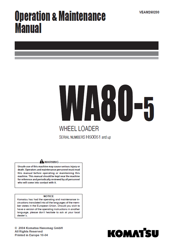 Manual de Operación y Mantenimiento Cargador Komatsu WA80-5 - H50051