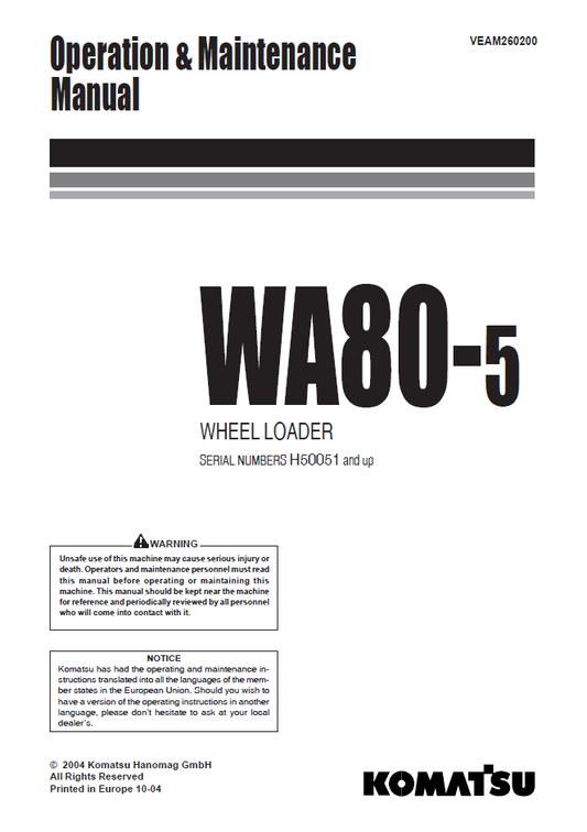 Manual de Operación y Mantenimiento Cargador Komatsu WA80-5 - H50051