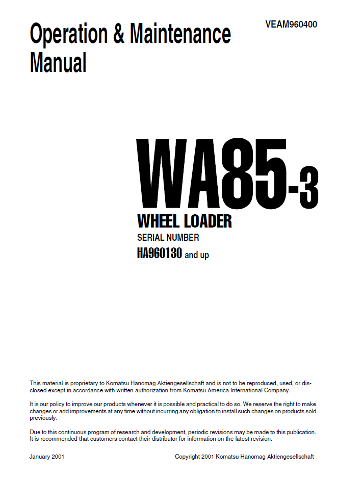 Manual de Operación y Mantenimiento Cargador Komatsu WA85-3 - HA960130