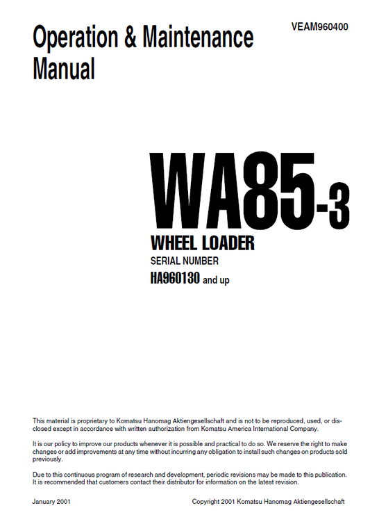 Manual de Operación y Mantenimiento Cargador Komatsu WA85-3 - HA960130