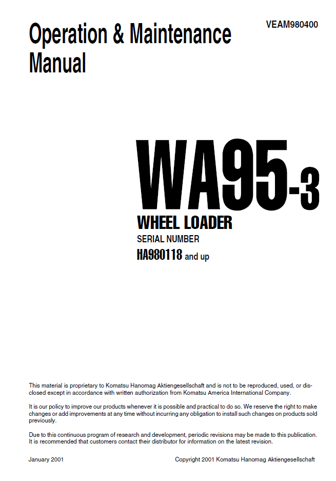 Manual de Operación y Mantenimiento Cargador Komatsu WA95-3 - HA980118