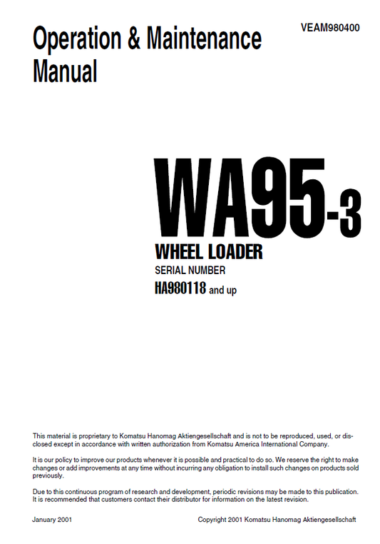 Manual de Operación y Mantenimiento Cargador Komatsu WA95-3 - HA980118