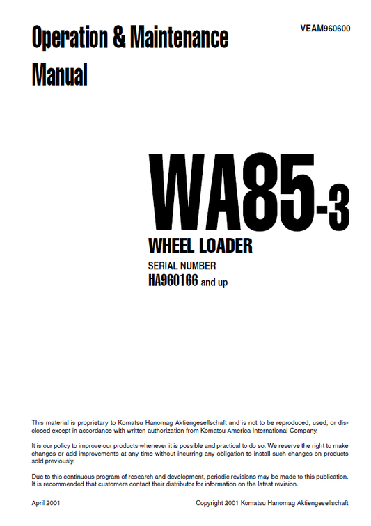 Manual de Operación y Mantenimiento Cargador WA85-3 - HA960166