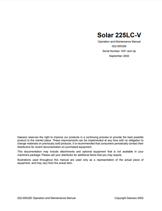 Manual de Operación y Mantenimiento Excavadora Daewoo Solar 225LC-V