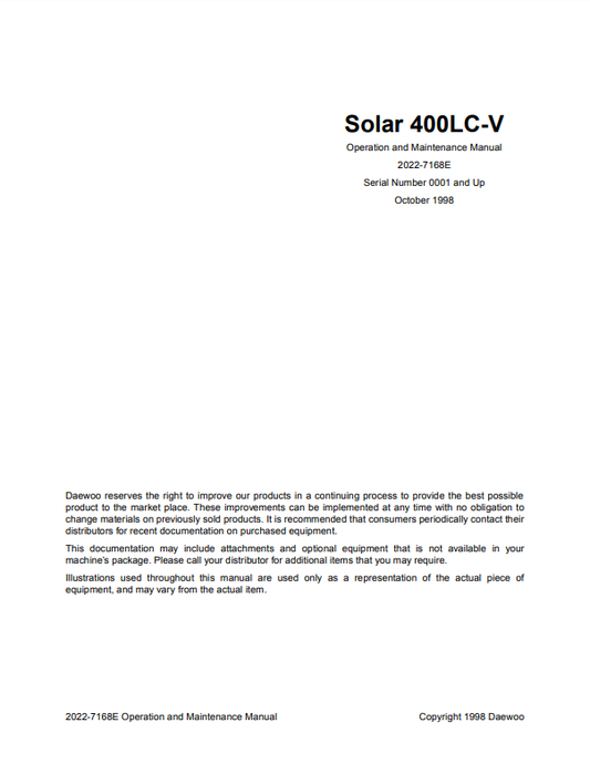Manual de Operación y Mantenimiento Excavadora Daewoo Solar 400LC-V