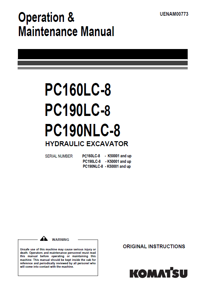 Manual de Operación y Mantenimiento Excavadora Hidraúlica Komatsu PC160LC-8, PA190LC-8, PC190NLC-8 - K50001