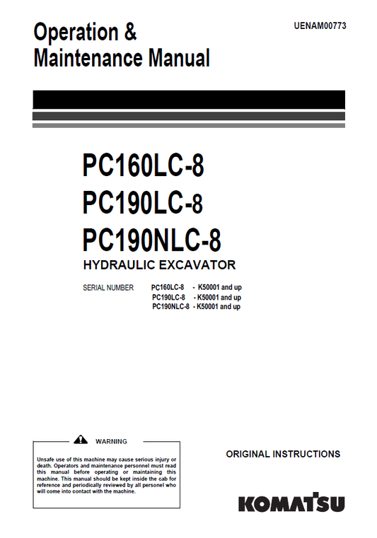 Manual de Operación y Mantenimiento Excavadora Hidraúlica Komatsu PC160LC-8, PA190LC-8, PC190NLC-8 - K50001