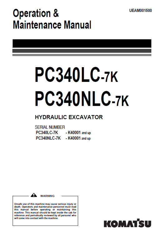 Manual de Operación y Mantenimiento Excavadora Hidraúlica Komatsu PC340LC-7K, PC340NLC-7K - K40001