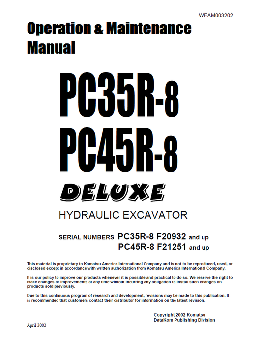 Manual de Operación y Mantenimiento Excavadora Hidraúlica Komatsu PC35R-8 - F20932, PC45R-8 - F21251