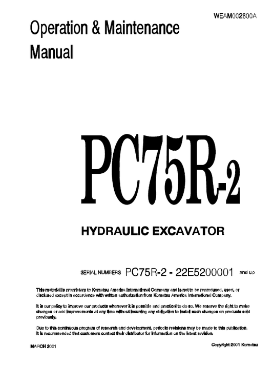 Manual de Operación y Mantenimiento Excavadora Hidraúlica Komatsu PC75R-2 - 22E5200001