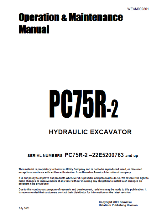Manual de Operación y Mantenimiento Excavadora Hidraúlica Komatsu PC75R-2 - 22E5200763