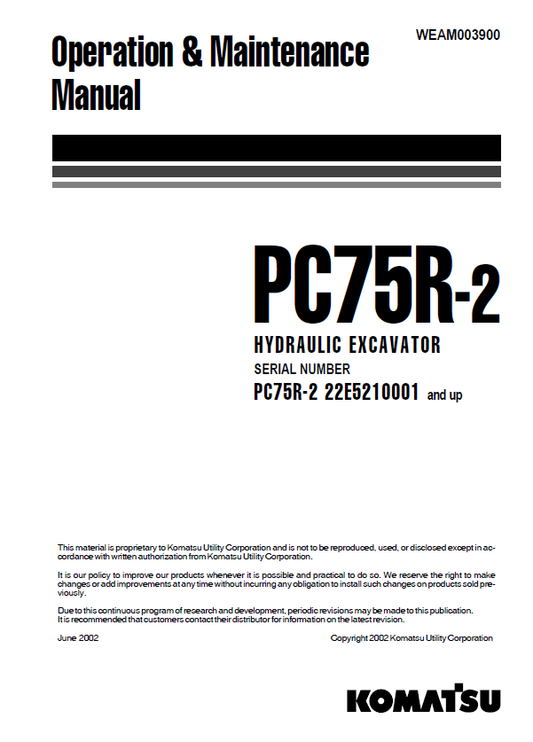 Manual de Operación y Mantenimiento Excavadora Hidraúlica Komatsu PC75R-2 - 22E5210001