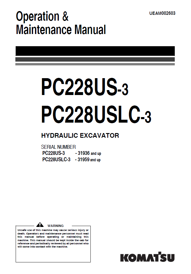 Manual de Operación y Mantenimiento Excavadora Hidraúlica PC228US-3 - 31936, PC228USLC-3 - 31959