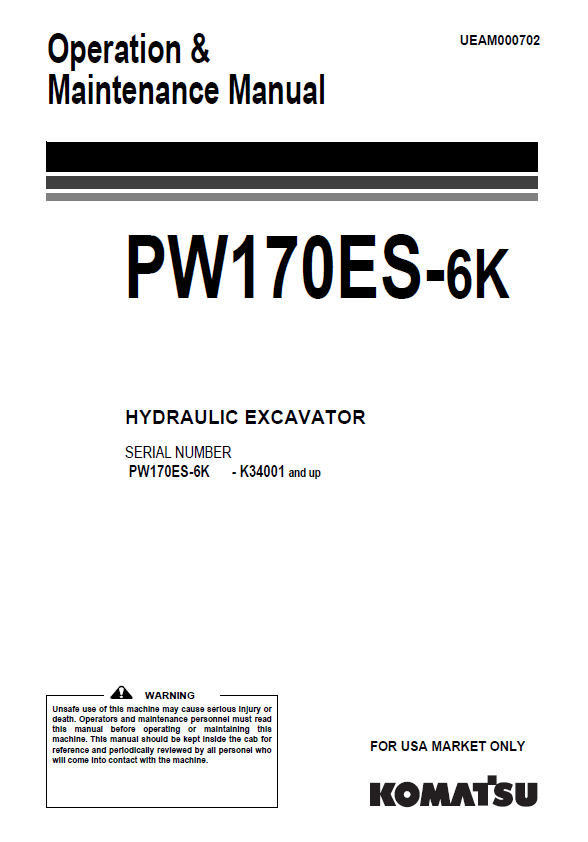 Manual de Operación y Mantenimiento Excavadora Hidraúlica Komatsu PW170ES-6K - K34001