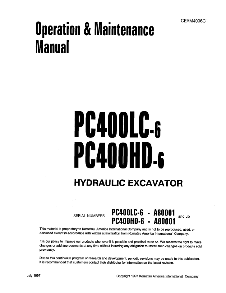 Manual de Operación y Mantenimiento Excavadora Komatsu PC400LC-6, PC400HD-6