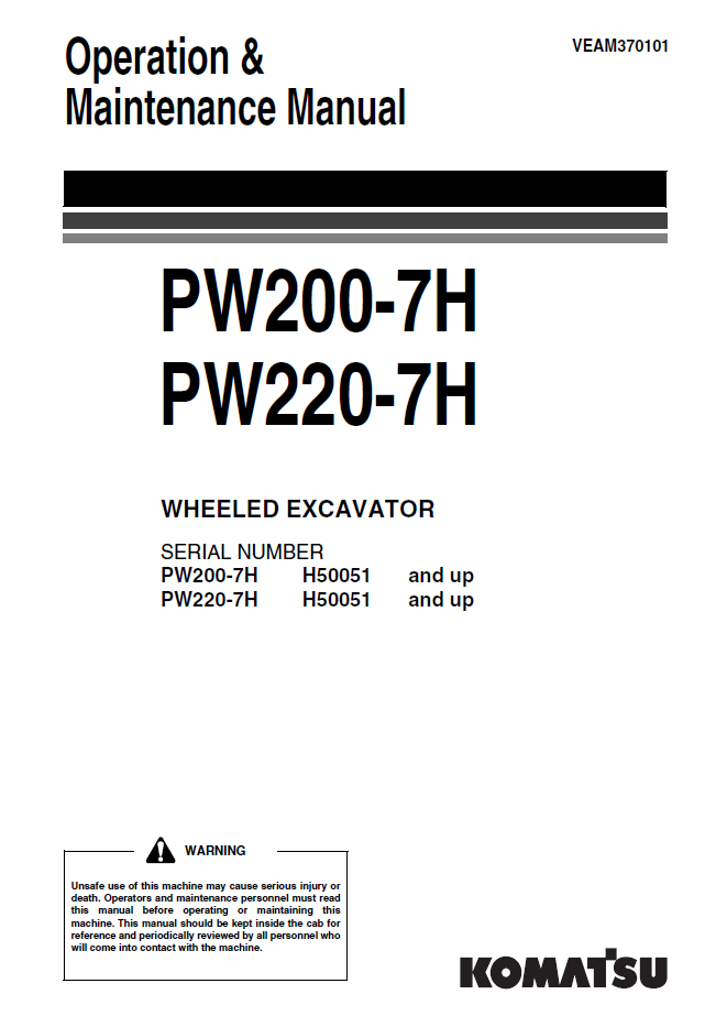 Manual de Operación y Mantenimiento Excavadora Sobre Ruedas Komatsu PW200-7H - H50051, PW220-7H - H50051