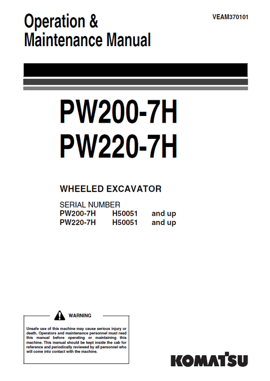 Manual de Operación y Mantenimiento Excavadora Sobre Ruedas Komatsu PW200-7H - H50051, PW220-7H - H50051