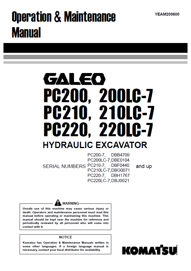 Manual de Operación y Mantenimiento Excavadora Komatsu PC200, 200LC-7, PC210, 210LC-7, PC220, 220LC-7