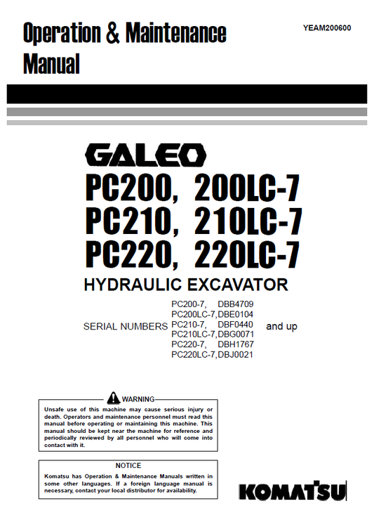 Manual de Operación y Mantenimiento Excavadora Komatsu PC200, 200LC-7, PC210, 210LC-7, PC220, 220LC-7