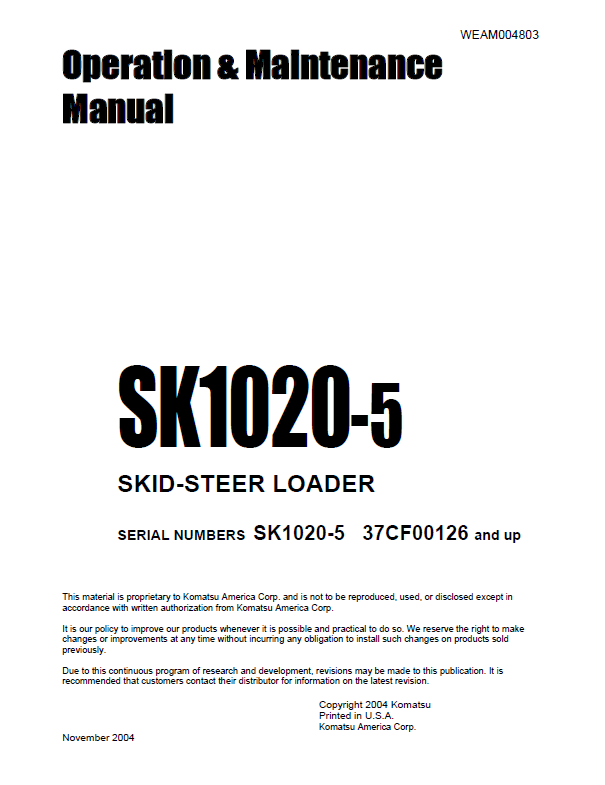 Manual de Operación y Mantenimiento Minicargador Komatsu SK1020-5 - 37CF00126