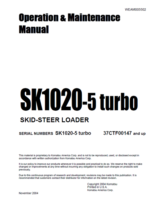Manual de Operación y Mantenimiento Minicargador Komatsu SK1020-5 Turbo - 37CTF00147