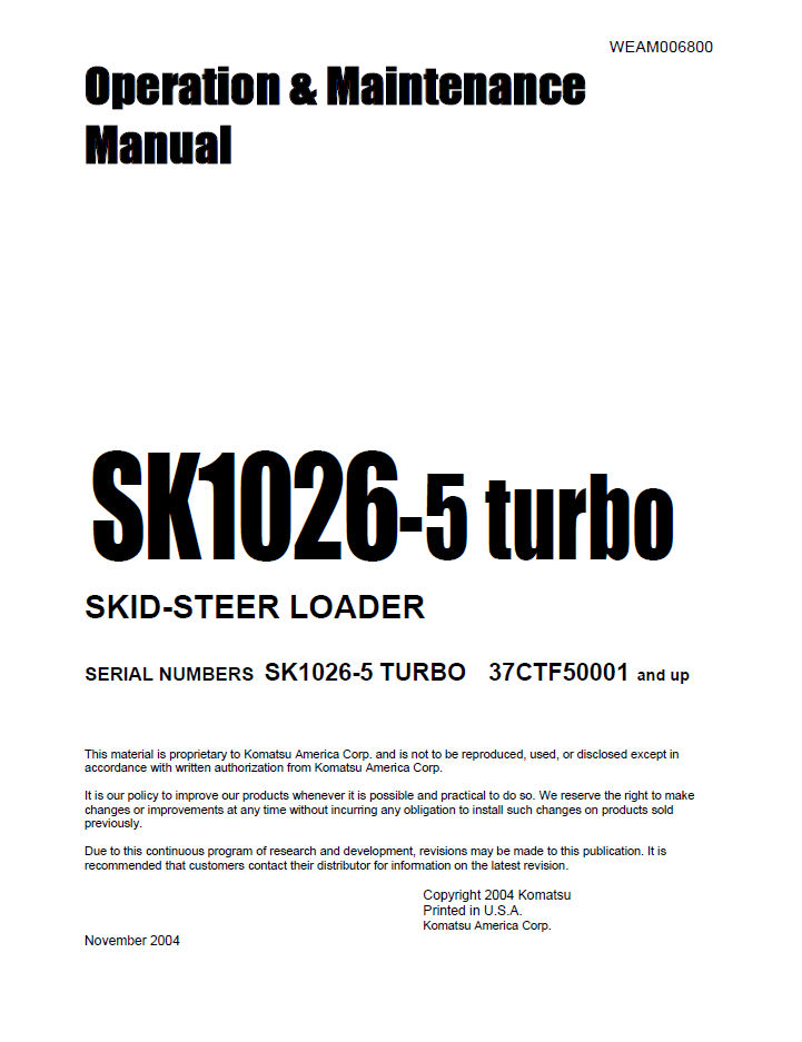Manual de Operación y Mantenimiento Minicargador Komatsu SK1026-5 Turbo - 37CTF50001