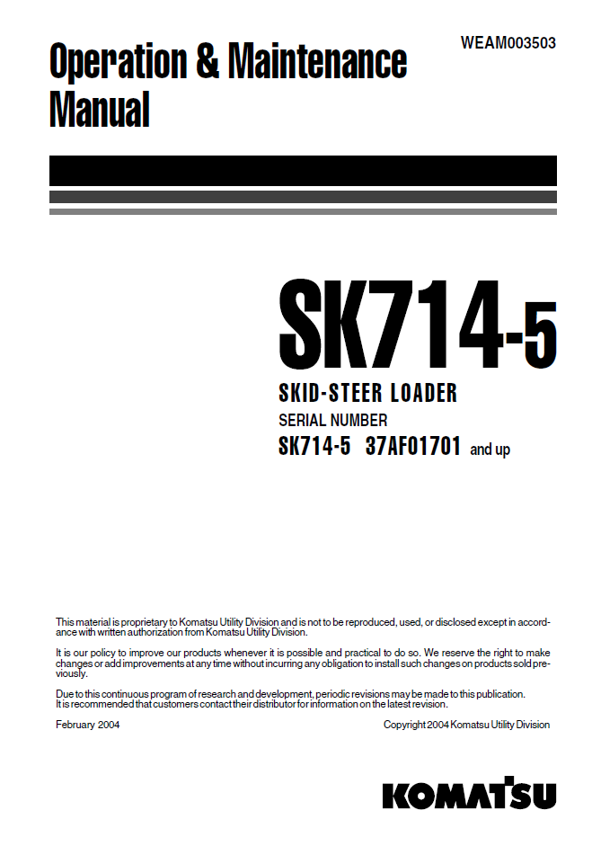 Manual de Operación y Mantenimiento Minicargador Komatsu SK714-5 - 37AF01701