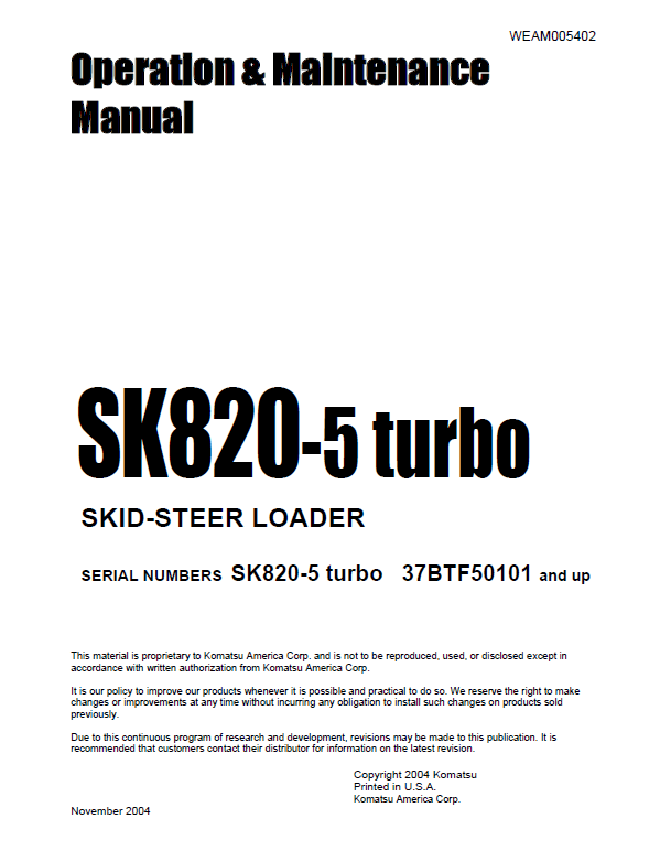 Manual de Operación y Mantenimiento Minicargador Komatsu SK820-5 Turbo - 37BTF50101