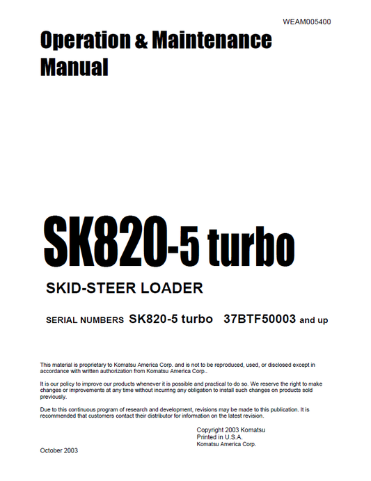 Manual de Operación y Mantenimiento Minicargador SK820-5 Turbo - 37BTF50003