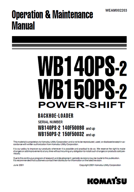 Manual de Operación y Mantenimiento Retroexcavadora Komatsu WB140PS-2 - 140F50098, WB150PS-2 - 150F50032