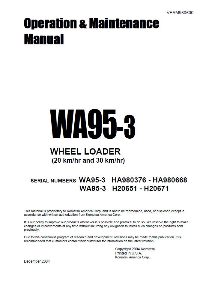 Manual de Operación y Mantenimiento Cargador Komatsu WA95-3 - HA980376 - HA980668, WA95-3 - H20651 - H20671