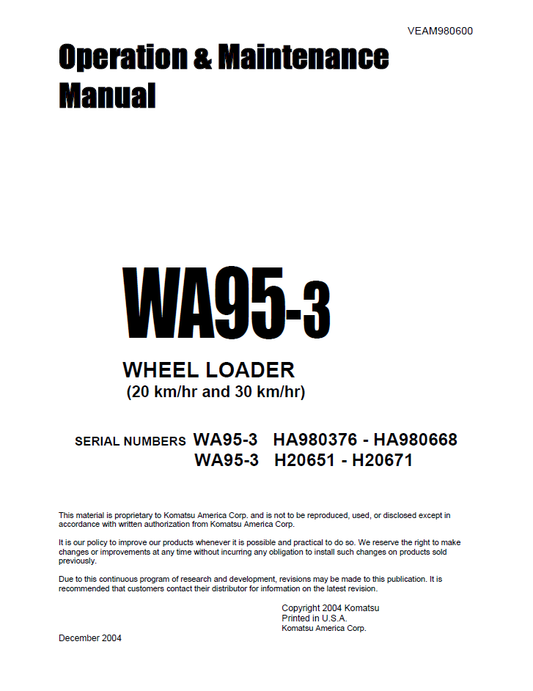 Manual de Operación y Mantenimiento Cargador Komatsu WA95-3 - HA980376 - HA980668, WA95-3 - H20651 - H20671