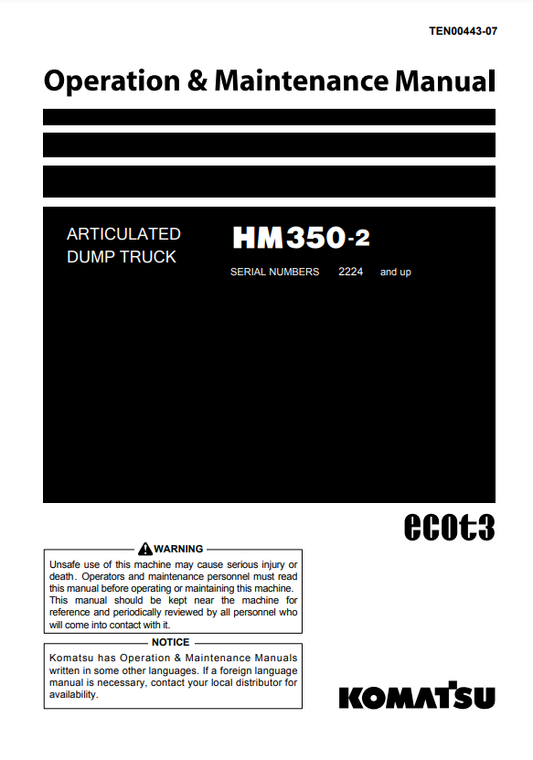 Manual de Operación y Mantenimiento Camión Japones Komatsu HM350-2  S.N 2224-UP