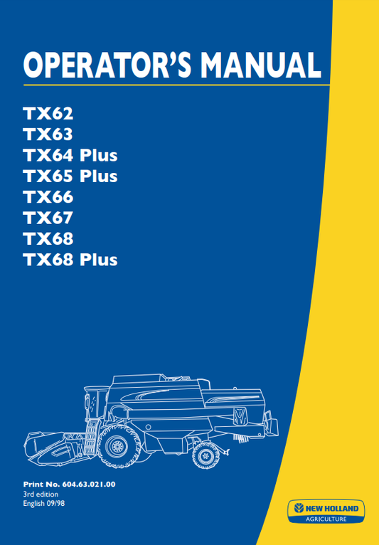 Manual de Operador Cosechadora New Holland TX62, TX63, TX64 plus, TX65 plus, TX66, TX67, TX68, Tx68