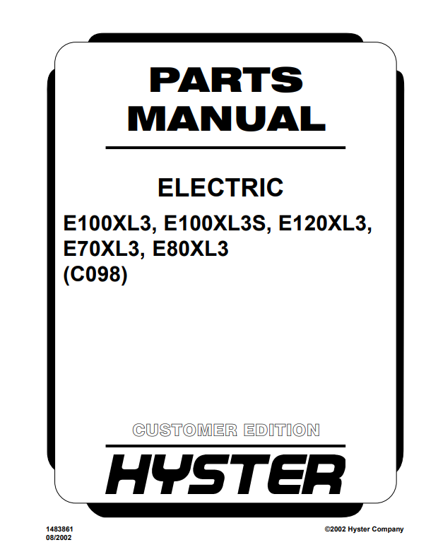 Manual de Partes Montacarga Hyster E100XL3, E100XL3S, E120XL3, E70XL3, E80XL3 (C098)