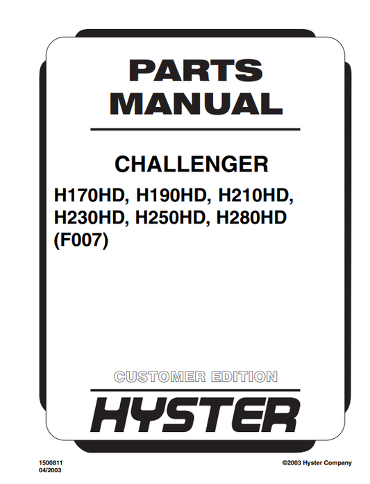 Manual de Partes Montacarga Hyster H170HD, H190HD, H210HD, H230HD, H250HD, H280HD (F007)