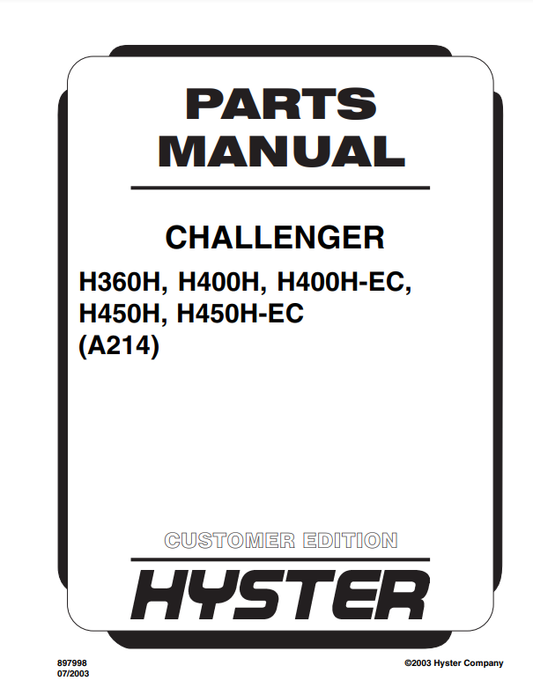 Manual de Partes Montacarga Hyster H360H, H400H, H400H-EC, H450H, H450H-EC (A214)